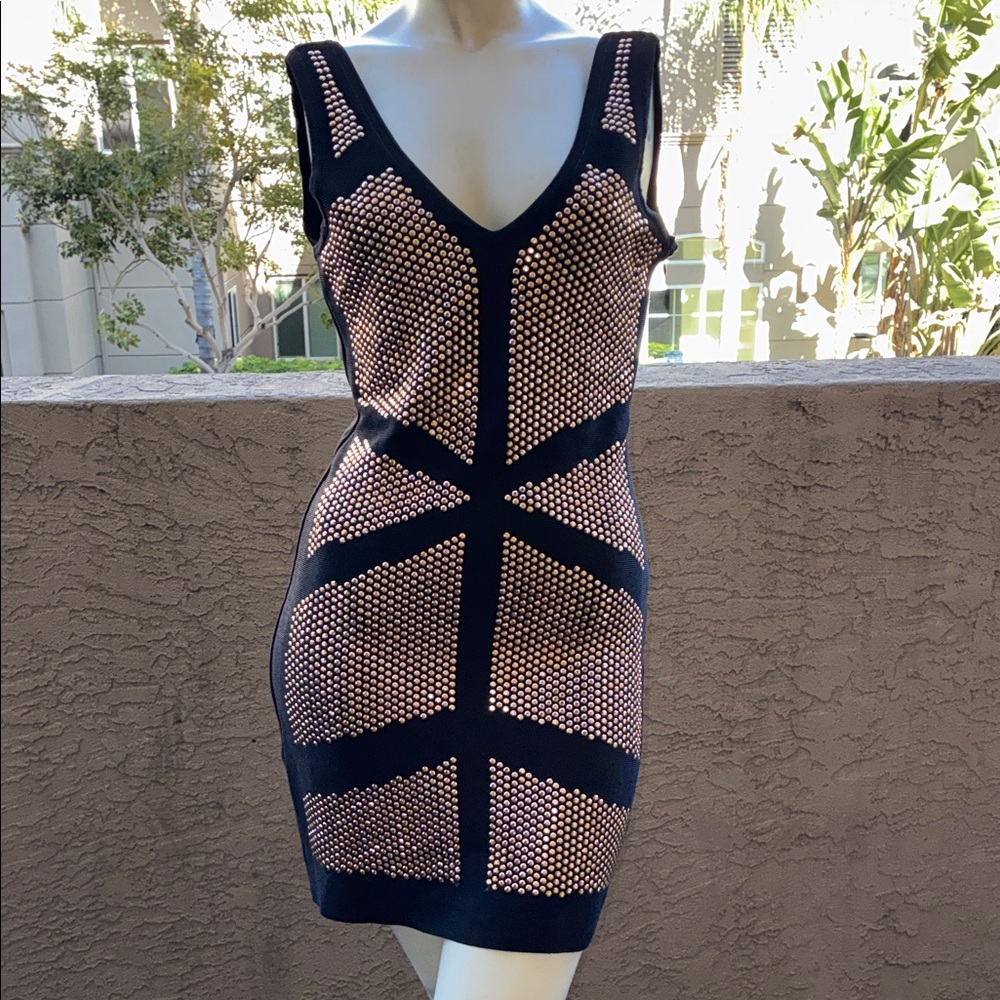 bebe Black Mini Dress with Gold Stud Detailing